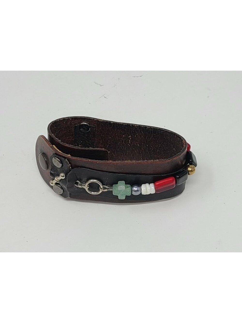 Brown Leather Cuff Bracelet w/Red, Green, White, & Gold Beads
